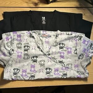 Bundle of 2 Womens Scrub Tops Dagacci Cat 🐱 Print gray Black size Large